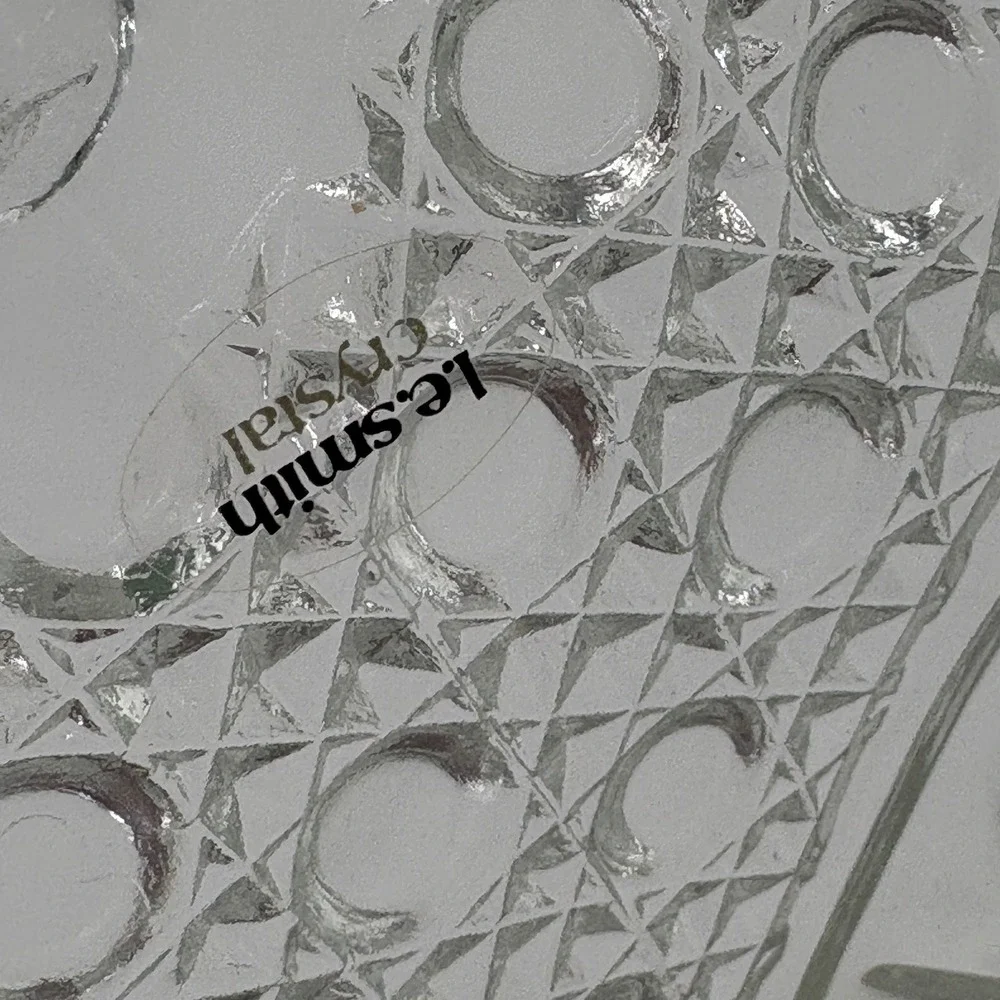 L.E. Smith Crystal Glass Basket Vintage Pinwheel Stars Clear Applied Handle MCM